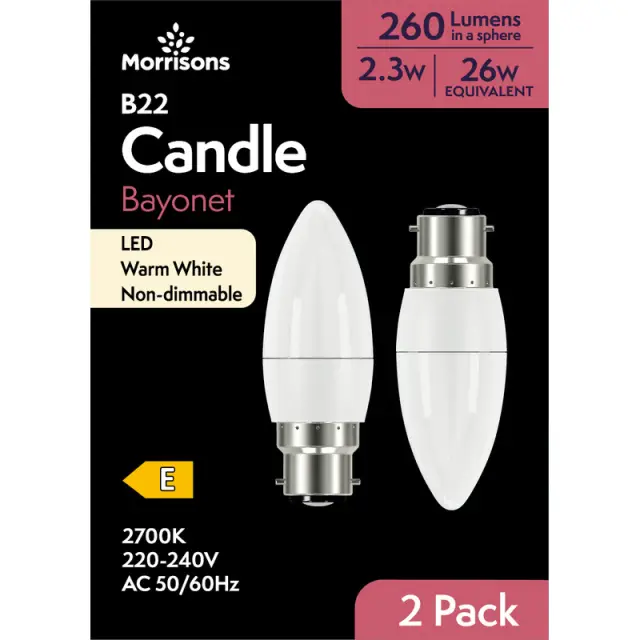 MORRISONS LED CANDLE 26W 260 LUMENS 2.3W BC 2PK