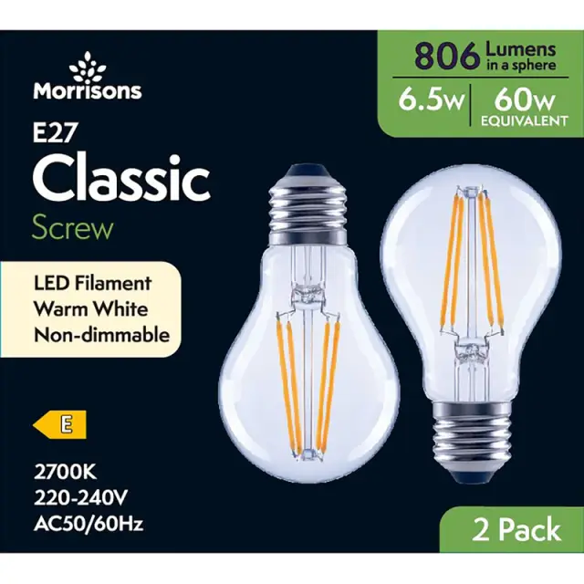 MORRISONS LED GLS FILAMENT E27 SCREW 806 LUMENS 6.5W 2PK