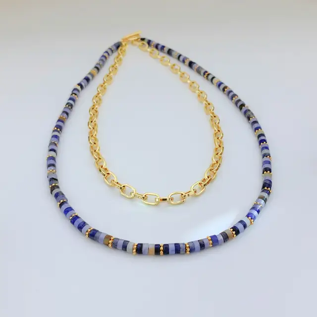 Double Layer Chain and Blue Gem 18K Gold Placed 35/43cm Necklace