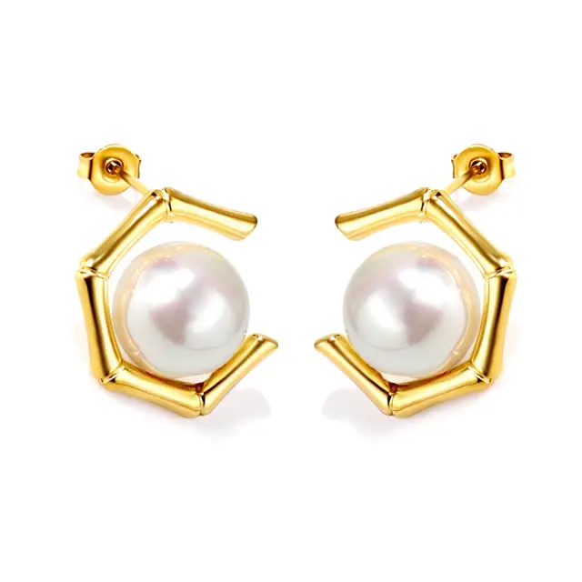 Open Pentagon 18K Gold Plated White Pearl Earrings