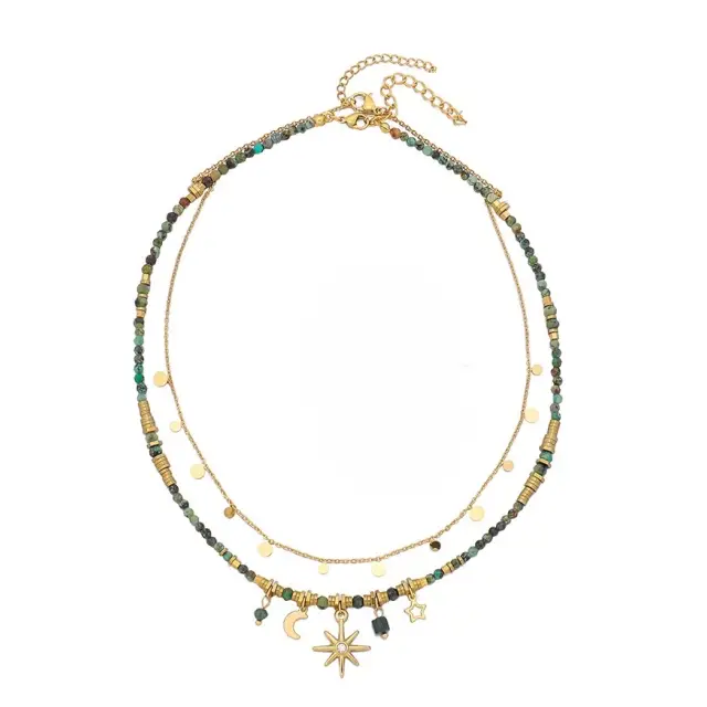 Double Layer Natural Gemstone Moon & Star 18K Gold Plated 40cm Necklace