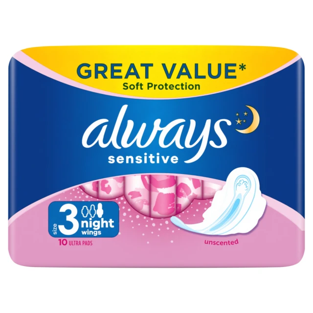Always Sensitive Night Ultra (Size 3) Sanitary Towels Wings 10 Pads