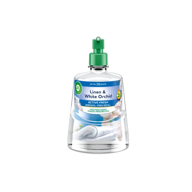 Air Wick Linen & White Orchid Aerosol-Free Automatic Spray Refill 228ml. Lasts up to 70 days.