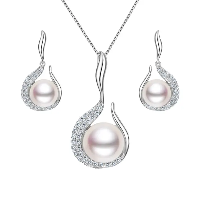 Ever Faith 925 Sterling Silver CZ AAA Freshwater Cultured Pearl Flower Bud Necklace Earrings Set