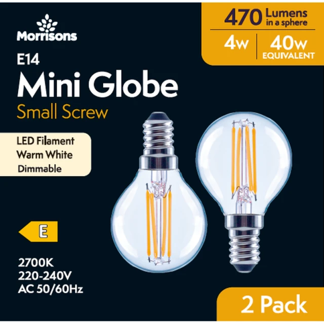 MORRISONS LED MINI GLOBE 470 LUMENS SES 4W DIMMABLE 2PK