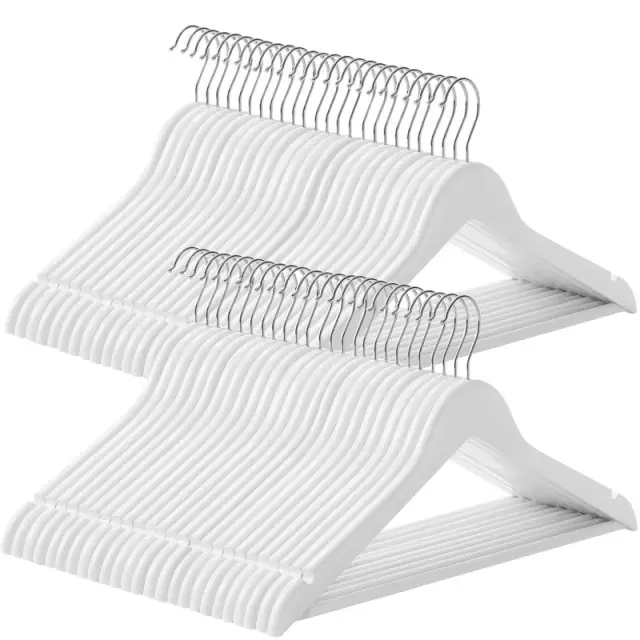 SONGMICS Wooden Hanger, 44.5x23x1.2cm, White and Silver, Set of 50
