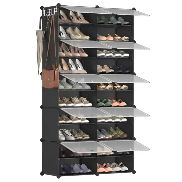 SONGMICS Shoe Rack, 10-Slot Modular Storage Organiser Unit, 82x32x152cm, Black