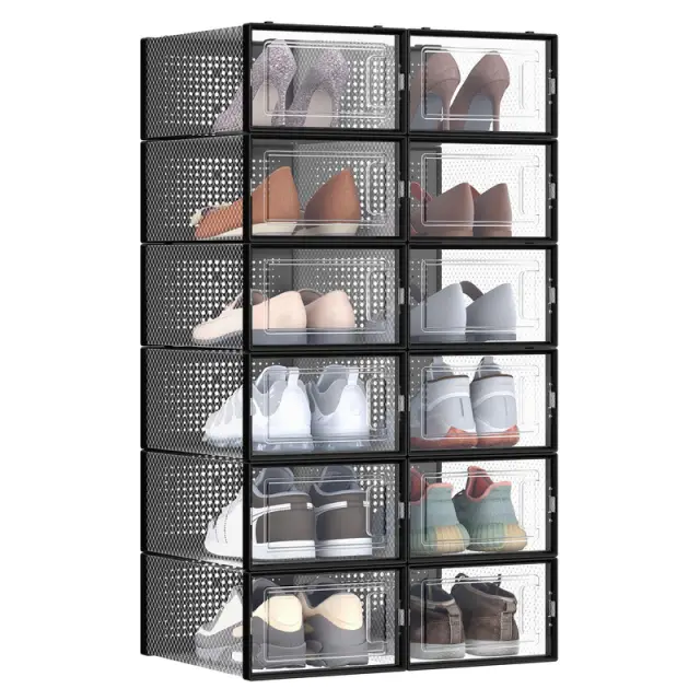 SONGMICS Plastic Shoe Box, Pack of 12, 33.4x23x14cm, Transparent and Ink Black