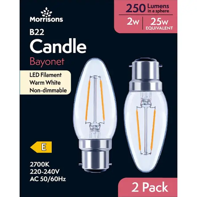 MORRISONS LED FILAMENT CANDLE 250 LUMENS BC 2W 2PK