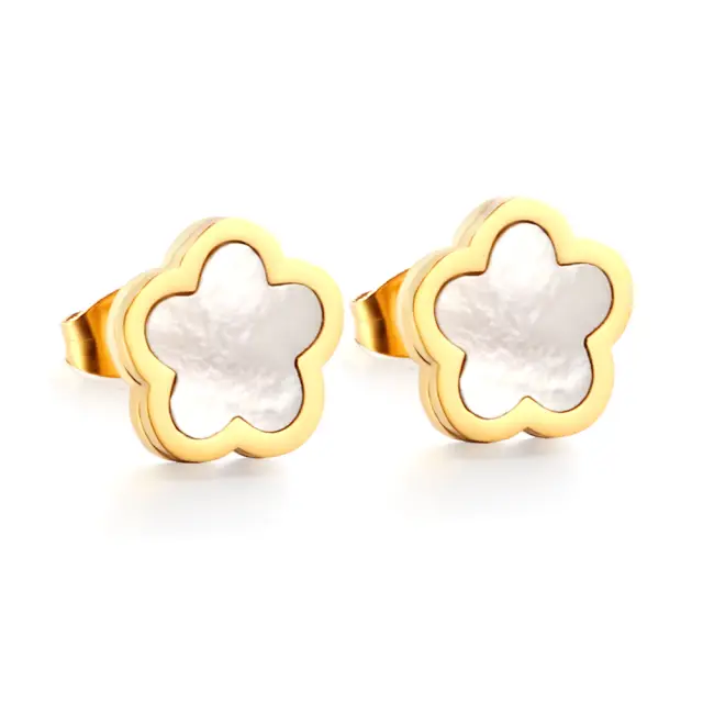 Peach Blossom and White Shell 18K Gold Plated Stud Earrings