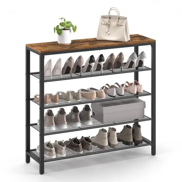 VASAGLE Shoe Rack, with 4 Mesh Shelves, 100x30x92.5cm, Rustic Brown and Black