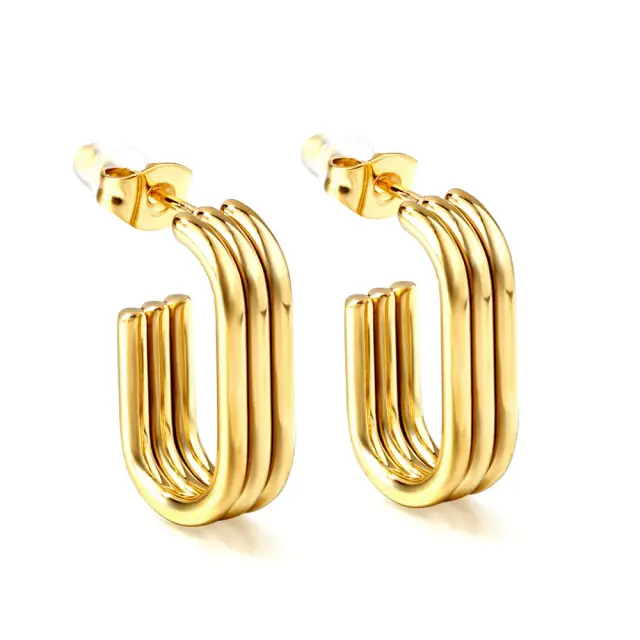 Triple Layer Open End Drop Hoop 18K Gold Plated Earrings