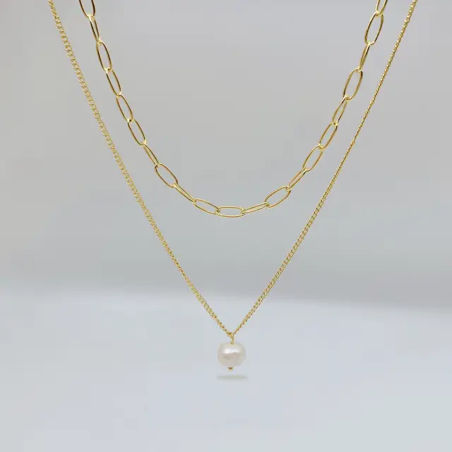 Double Layer Chain and Pearl 18K Gold Plated 40/50cm Necklace