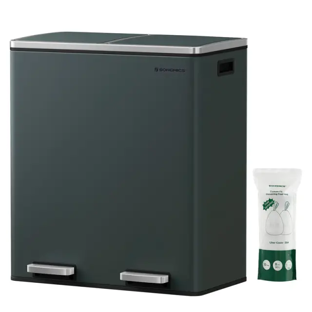 SONGMICS Trash Can, 58.5x36x65cm, Greenish Grey