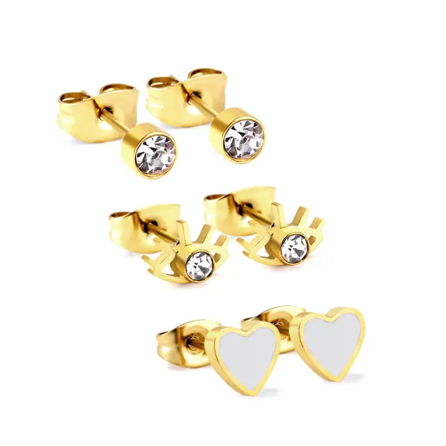Three Pairs 3/4mm White Diamonte and Loveheart 18K Gold Plated Studs