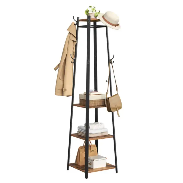 VASAGLE Coat Rack, Coat Stand with 3 Shelves, 43x43x180cm, Industrial Style, Rustic Brown and Black