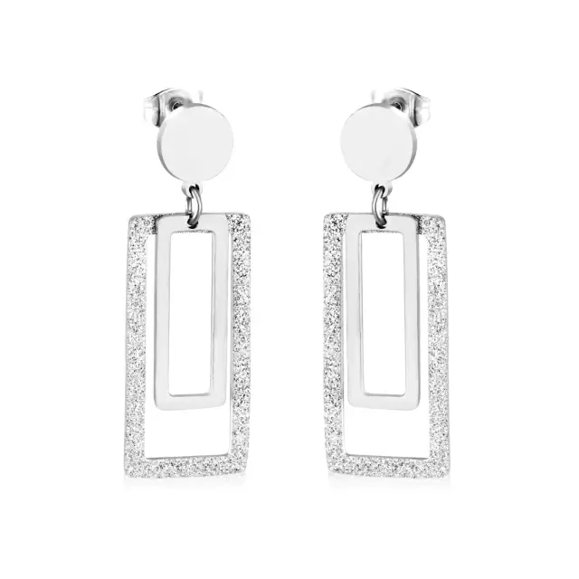 Open Rectangle Dangle Satin Finish Stainless Steel Earrings