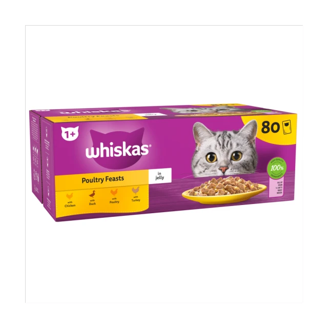 WHISKAS® 1+ Poultry Feasts Adult Wet Cat Food Pouches in Jelly 80 x 85g