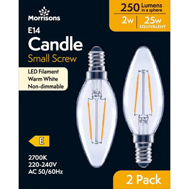 MORRISONS LED FILAMENT CANDLE 250 LUMENS SES 2W 2PK