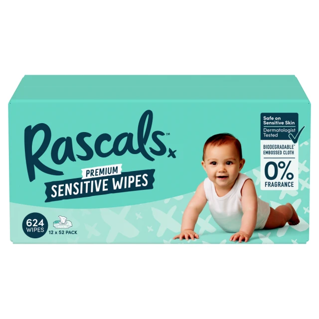 Rascals Sensitive Biodegradable Baby Wipes 12 x 52 Pack
