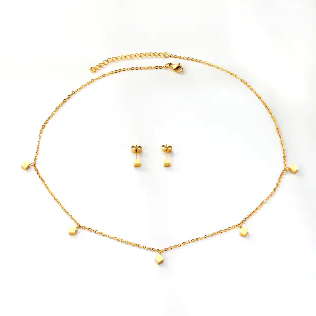 5 Square Shape Charm Set 18K Gold Plated Necklace and Earrings
