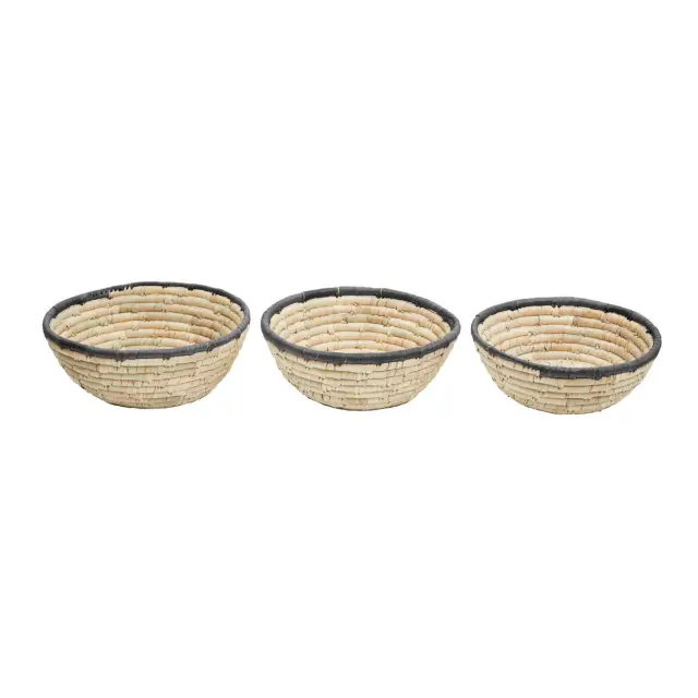 Lidi Set Of 3 Palm Leaf Baskets With Black Trim