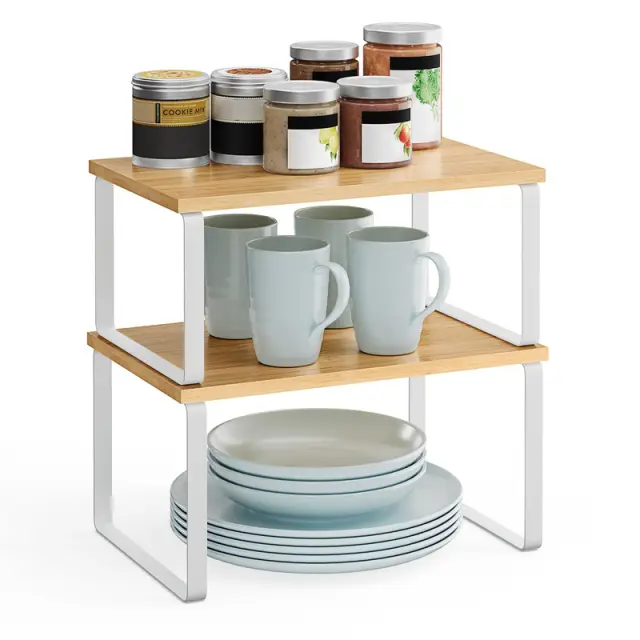 SONGMICS Storage Rack, Set of 2 Cupboard Shelf Organiser, 29.7*19.5*15.6CM/
29.7*18.5*13.5CM, White and Natural