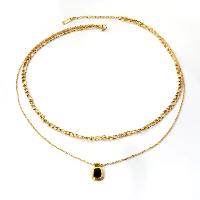 Double Layer 18K Gold Plated Black Rectangle Pendant and Figaro Chain 40/44cm Necklace