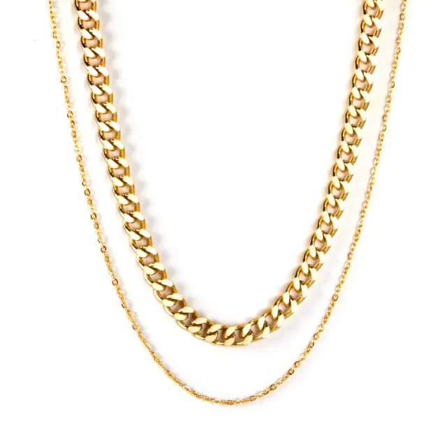 Double Chain Necklace Thick and Thin 18K Gold Plated 35 and 45cm Chain
