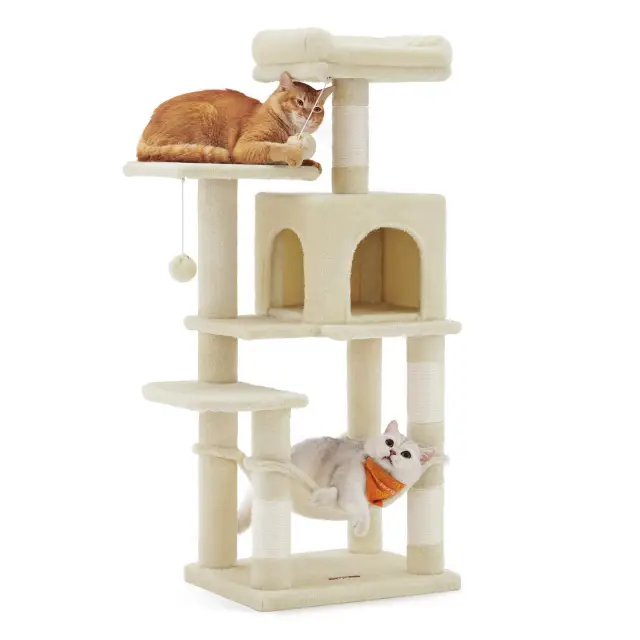 FEANDREA Cat Tree, Multi-Level Plush Cat Condo, 45×35×112cm, Beige