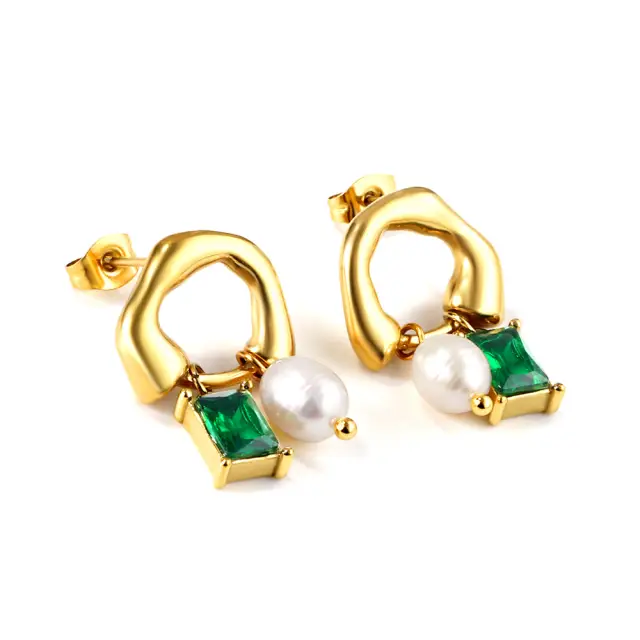 Irregular Shaped 18K Gold Plated Rectangular Green Gem and White Pearl Earrings