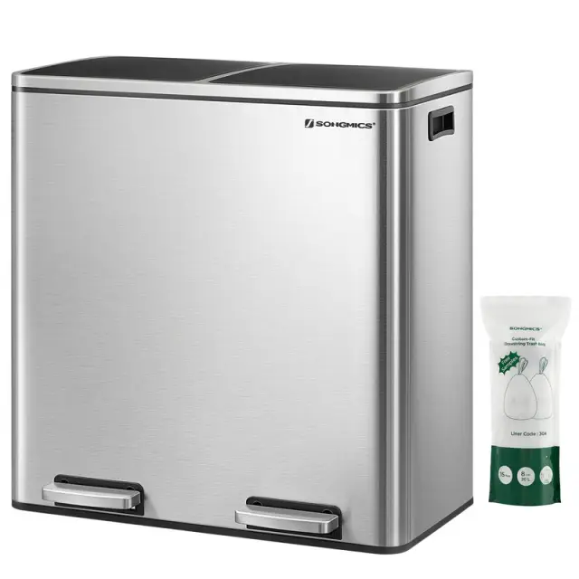 SONGMICS Trash Can, 58.5x36x65cm, Silver and Black