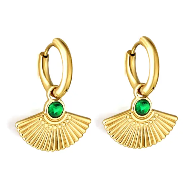 Green Gem and Fan Shape 18K Gold Plated Earrings