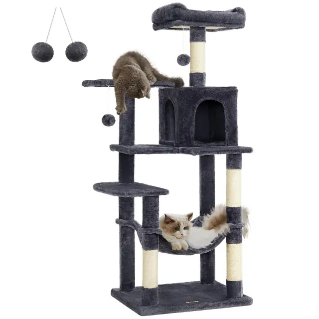 FEANDREA Cat Tree Multi-Level Plush Cat Condo, 55x45x143cm, Smoky Grey