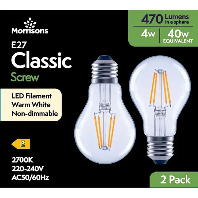 MORRISONS LED GLS FILAMENT 470 LUMENS 4W ES 2PK