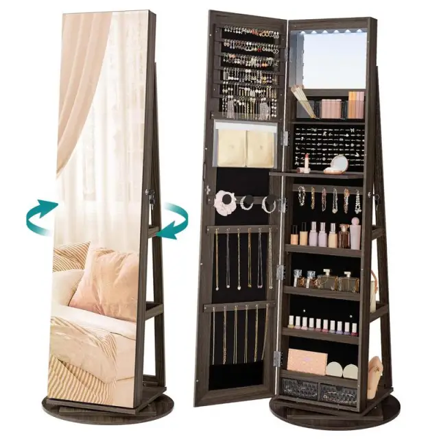 SONGMICS Jewelry Cabinet, 6 LEDs, 360° Swivel, 55x55x162cm, Black Lining
