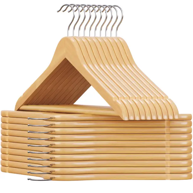 SONGMICS Wooden Hanger, 44.5x23x1.2cm, Natural and Silver, Set of 20