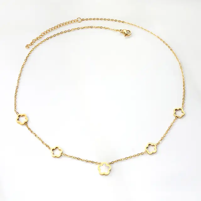 Peach Blossom Hollow and White Shell Charm Chain 18K Gold Plated 45cm Necklace