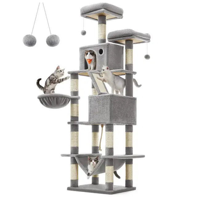 FEANDREA Cat Tree, Large Cat Tower, 60x50x206cm, Light Grey