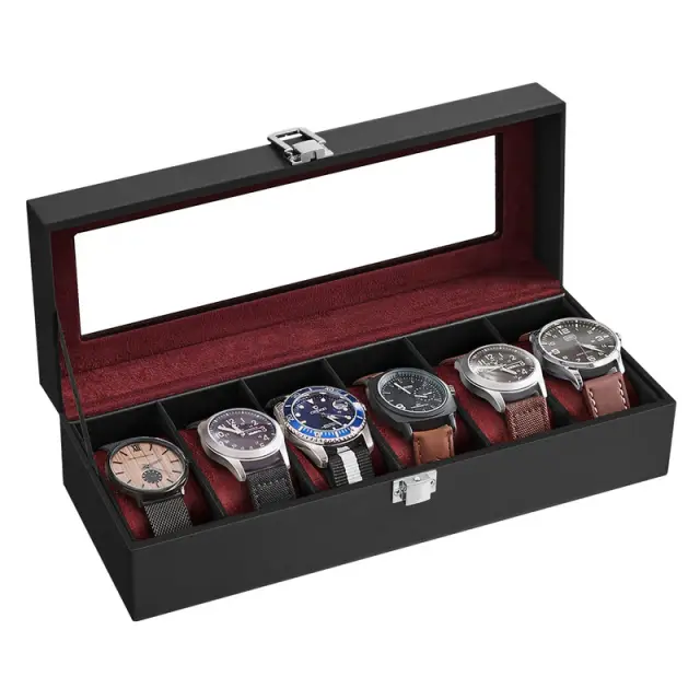 SONGMICS Watch Box, 30x11x9cm, Black Coating + Burgundy Red Lining