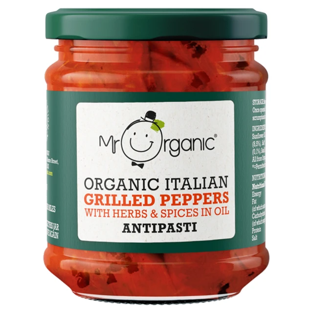 Mr Organic Organic Italian Grilled Peppers with Herbs & Spices in Oil Antipasti 190g