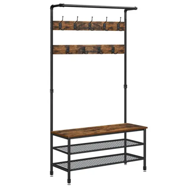 VASAGLE Clothes Horse, 97x41.5x182cm, Large Hall Tree with Bench and Shoe Storage, 9 Hooks, Rustic Brown and Black