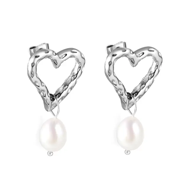 Uneven Loveheart with White Pearl Drop Stainless Steel Stud Earrings