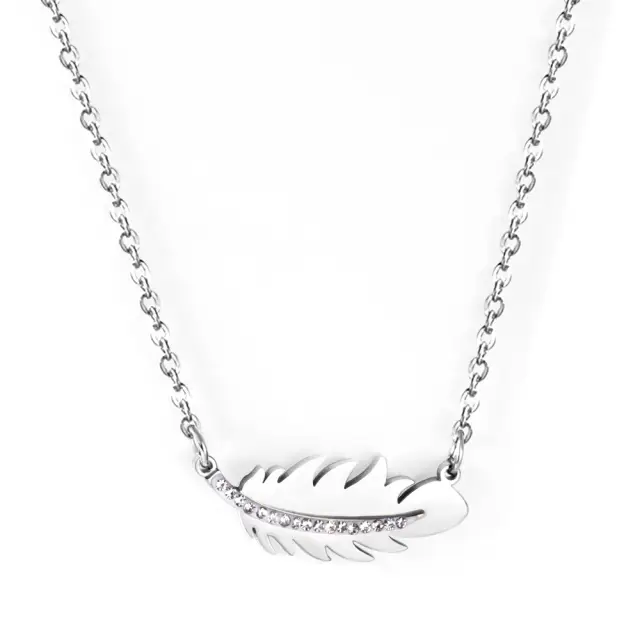 Leaf and Diamonte Pendant Stainless Steel 40cm Necklace