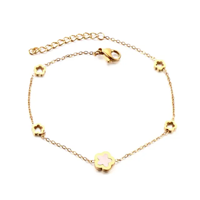 4 peach blossom hollows + one white shell peach blossom accessory bracelet 19+3cm stainless steel 18k PVD gold