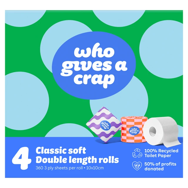 Who Gives a Crap 100% Recycled Toilet Paper 4 Double Length Rolls