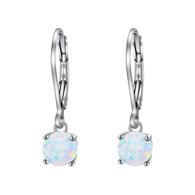 Ever Faith 925 Sterling Silver Round Created Opal Earring, Opal Teardrop Leverback Earrings, 6mm Opal Damgle Earrings