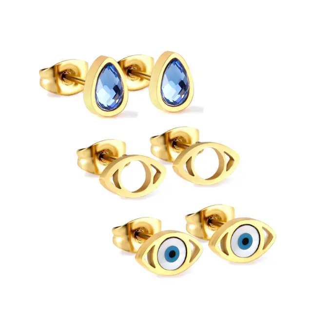 Three Pairs Blue Eyeball Pear Diamonte and Eye Shape 18K Gold Plated Studs