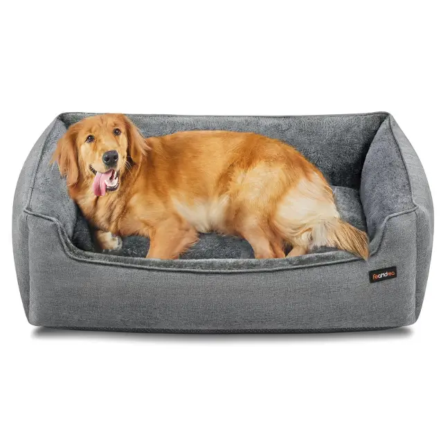 FEANDREA Dog Bed, Linen-Look Pet Bed,  Dog Bed,  Dog Sofa Bed, 110x75x27cm, Light Grey