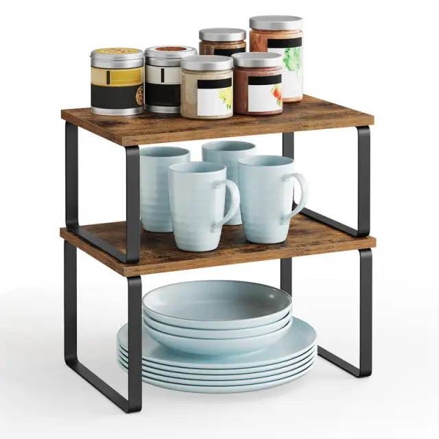 SONGMICS Storage Rack, Set of 2 Cupboard Shelf Organiser, 30x19.5x15.6cm, Black and Rustic Brown